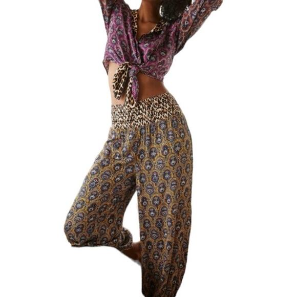 Anthropologie Pants Womens XXS Multicolor Smocked Waist Animal Print Hippie Boho - Picture 2 of 11